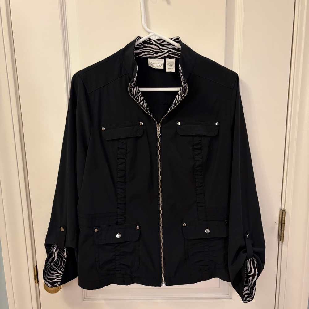 Zenergy Chicos Black Zip-Front Jacket with Zebra Trim Size 1/Medium